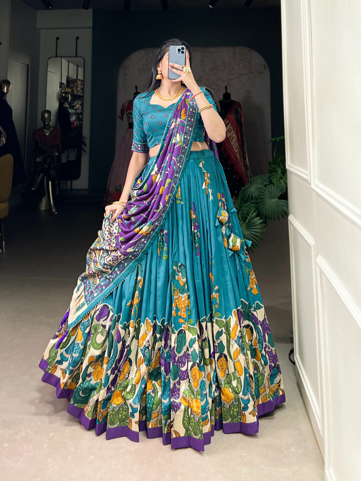 KalamKari Print Tussar Silk (Lehengas) Chaniya Choli